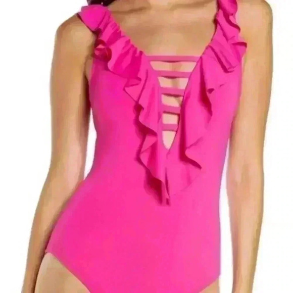 Bleu Rod Beattie Hot Pink Lattice Ruffle One Piece Swimsuit 20W - Picture 1 of 10